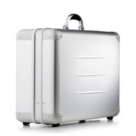 The ALUpur 98800 features a silver anodised aluminium case with rounded corners, a sturdy handle, and small base feet, shown standing upright on a white background.