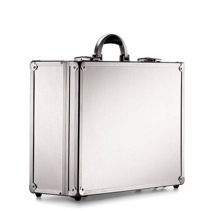 The ARK 90600 features a robust aluminium frame, reinforced corners, dual combination locks, and a black handle, shown upright on a white background.