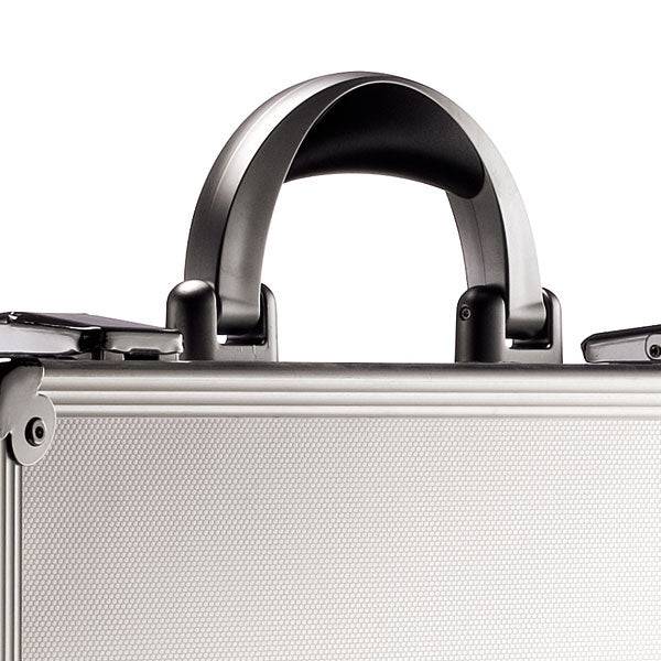 Close-up of the ARK 90800 aluminium frame case handle and upper edge, highlighting its durable material against a white background.