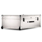 The ARK 90900 is a large silver aluminum case with black corner reinforcements, metal latches, a handle, wheels for portability, and custom CNC foam—ideal for secure and versatile storage.