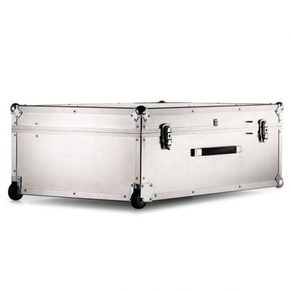 The ARK 90900 is a large silver aluminum case with black corner reinforcements, metal latches, a handle, wheels for portability, and custom CNC foam—ideal for secure and versatile storage.