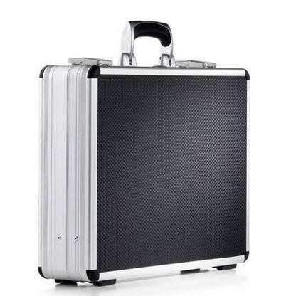 The AZKE 95100 is a closed, rectangular black and silver aluminum frame case with a handle, shown standing upright on a white background.