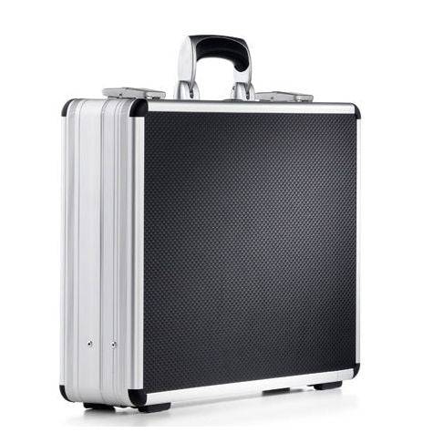 The AZKE 95100 is a hard-shell aluminum frame case in silver and black with a textured, scratch-resistant surface, metal edges, custom CNC foam fittings, and a sturdy handle, shown standing upright on a white background.