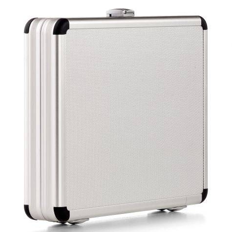 The AZKE 95260 is a closed silver aluminium frame case with black corner protectors, shown upright on a white background, and features custom CNC foam fittings for secure storage.