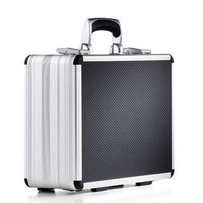 The AZKE 95300 is a compact silver and black aluminum frame case featuring metal edges, a sturdy handle, and a textured, scratch-resistant surface, shown standing upright on a white background.