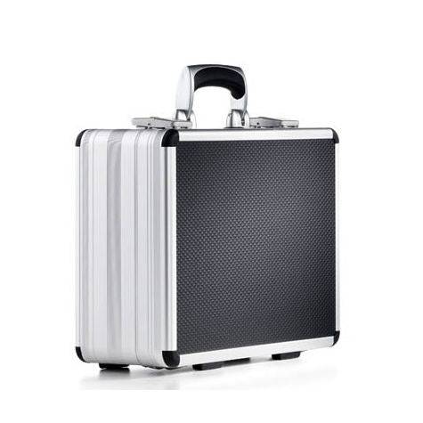 The AZKE 95300 is a compact, hard-sided silver and black aluminium frame case with a scratch-resistant finish, textured front panel, and black handle, displayed against a white background.