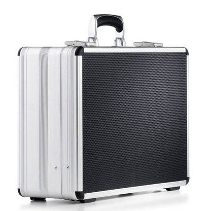 The AZKE 95600 is a silver and black aluminium frame case with a handle, shown on a white background, and features custom CNC foam fittings for secure storage.