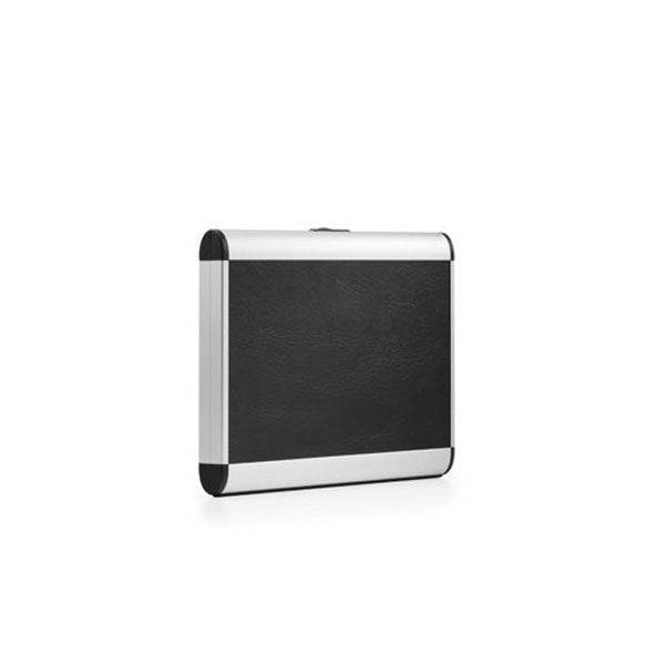 The AZKR 80100 (330 x 260 x 26) is a black and silver rectangular aluminum frame case with rounded corners and custom CNC foam fittings, displayed against a plain white background.