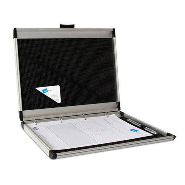 The AZKR 80100 (330 x 260 x 26) is an open aluminium frame briefcase-style binder with a ring mechanism, holding papers, a pen, and a business card visible in the lid pocket.