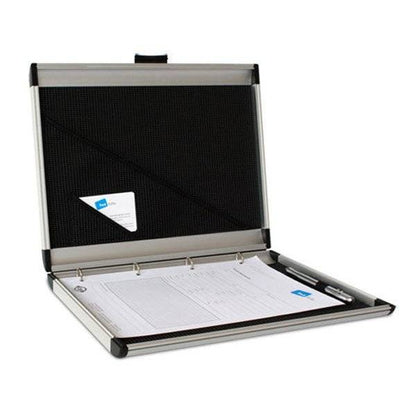 The AZKR 80100 (330 x 260 x 26) is an open aluminium frame briefcase-style binder with a ring mechanism, holding papers, a pen, and a business card visible in the lid pocket.