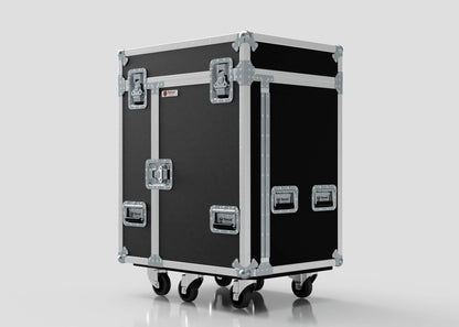 The Backline Workbox Case With 4 Drawers Plus 2U Rack Drawer is a black, heavy-duty road case with metal reinforcements, latches, four caster wheels, and external dimensions of 800 x 600 x 1090 mm, shown against a plain background.