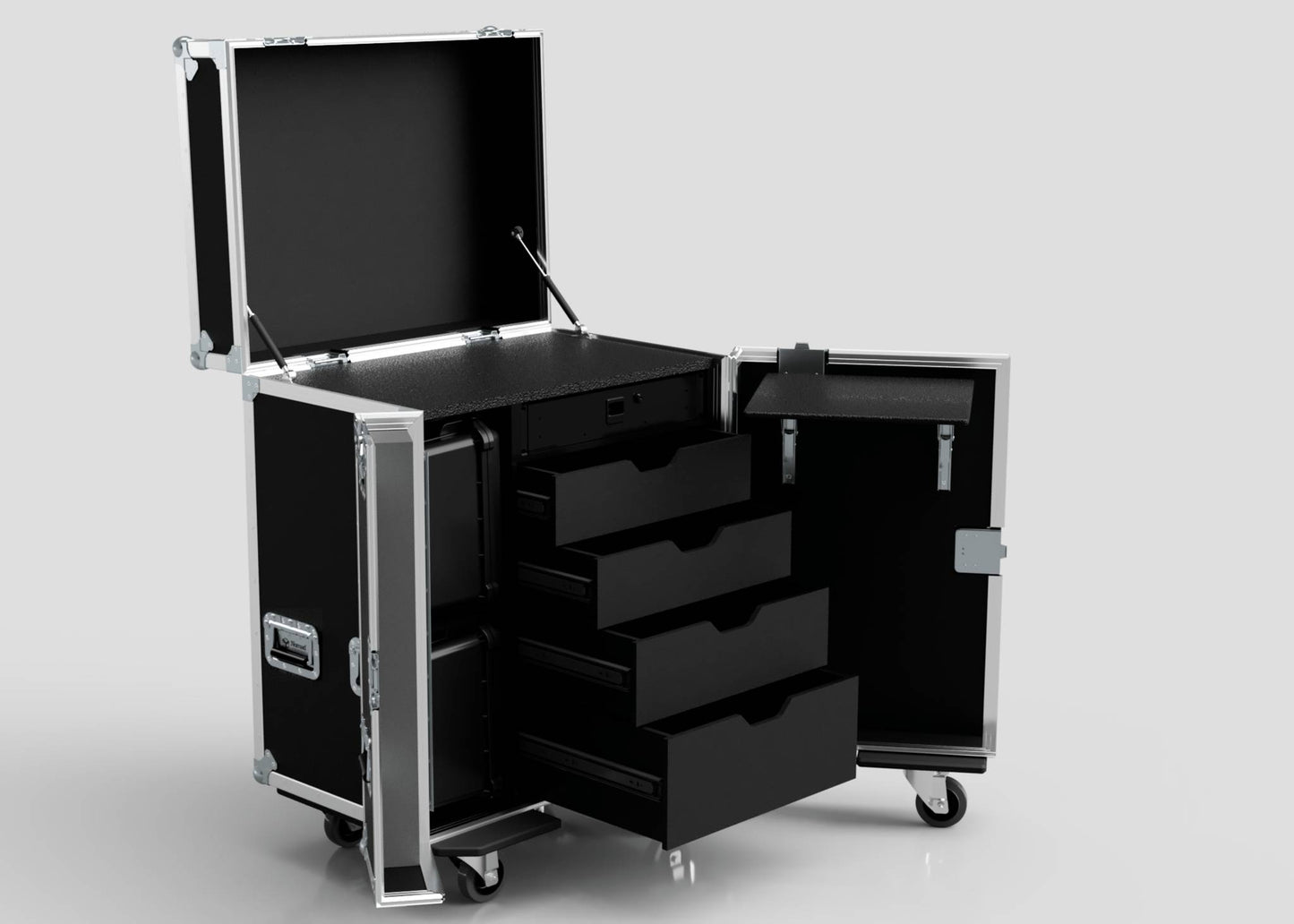 The Backline Workbox Case With 4 Drawers Plus 2U Rack Drawer is a black rolling storage case with metal edges, handles, an open top compartment, four drawers, side door, and wheels. External dimensions: 800 x 600 x 1090 mm.