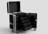 The Backline Workbox Case With 4 Drawers Plus 2U Rack Drawer is a black rolling storage case with metal edges, handles, an open top compartment, four drawers, side door, and wheels. External dimensions: 800 x 600 x 1090 mm.