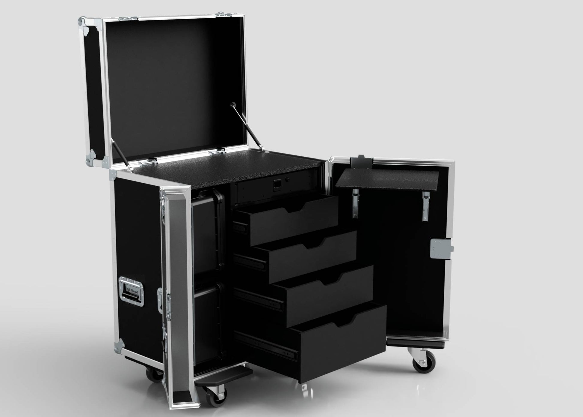 The Backline Workbox Case With 4 Drawers Plus 2U Rack Drawer is a black rolling storage case with metal edges, handles, an open top compartment, four drawers, side door, and wheels. External dimensions: 800 x 600 x 1090 mm.