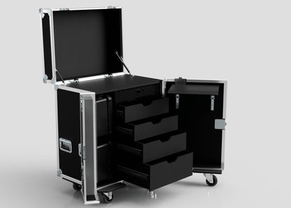 The Backline Workbox Case With 4 Drawers Plus 2U Rack Drawer is a black rolling storage case with metal edges, handles, an open top compartment, four drawers, side door, and wheels. External dimensions: 800 x 600 x 1090 mm.