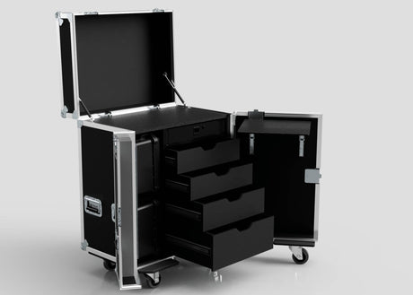 The Backline Workbox Case With 4 Drawers Plus 2U Rack Drawer is a black rolling storage case with metal edges, handles, an open top compartment, four drawers, side door, and wheels. External dimensions: 800 x 600 x 1090 mm.