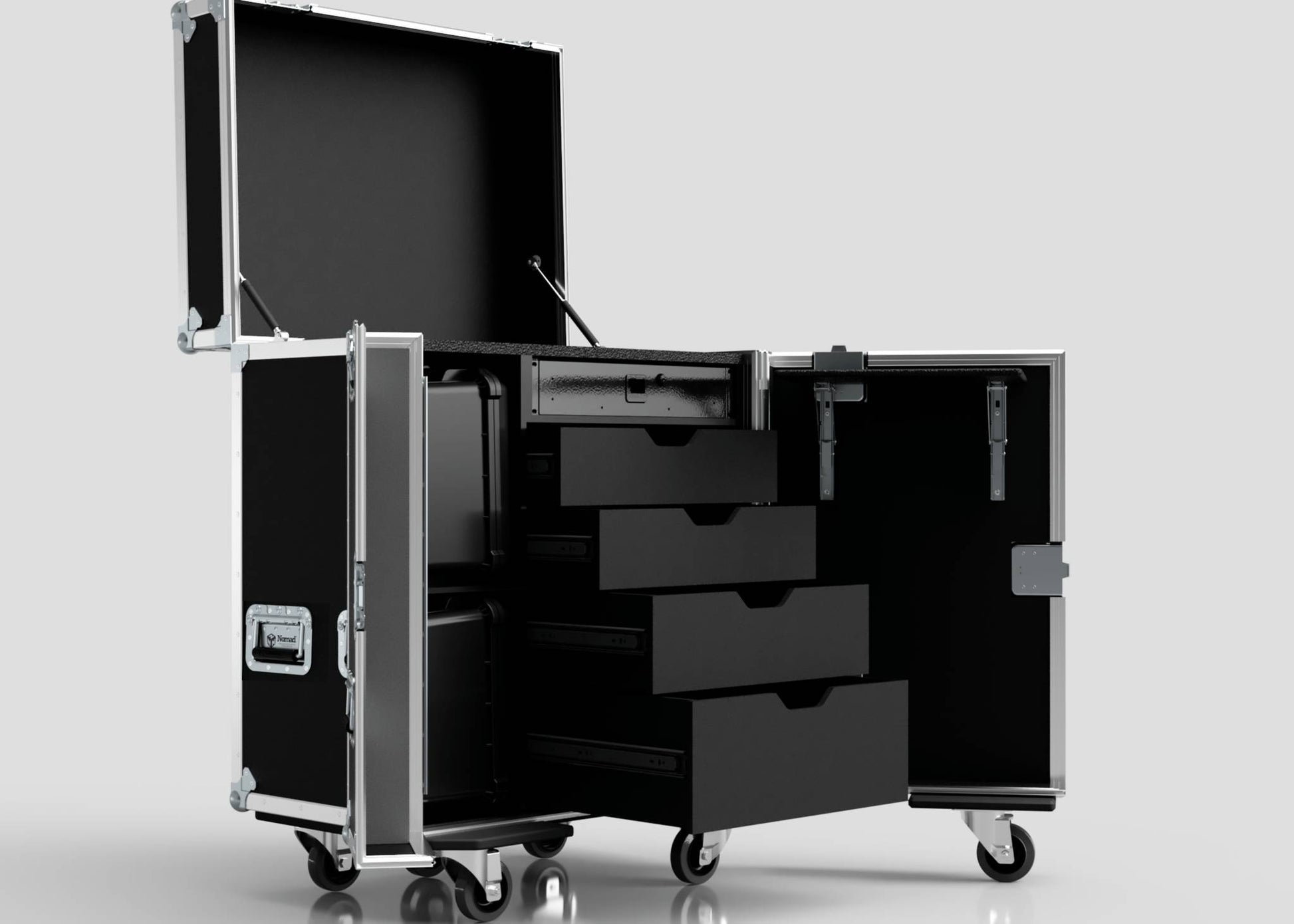 A Backline Workbox Case with 4 drawers plus a 2U rack drawer, black, featuring external dimensions of 800 x 600 x 1090 mm, shown against a plain light background.