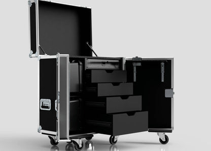 A Backline Workbox Case with 4 drawers plus a 2U rack drawer, black, featuring external dimensions of 800 x 600 x 1090 mm, shown against a plain light background.