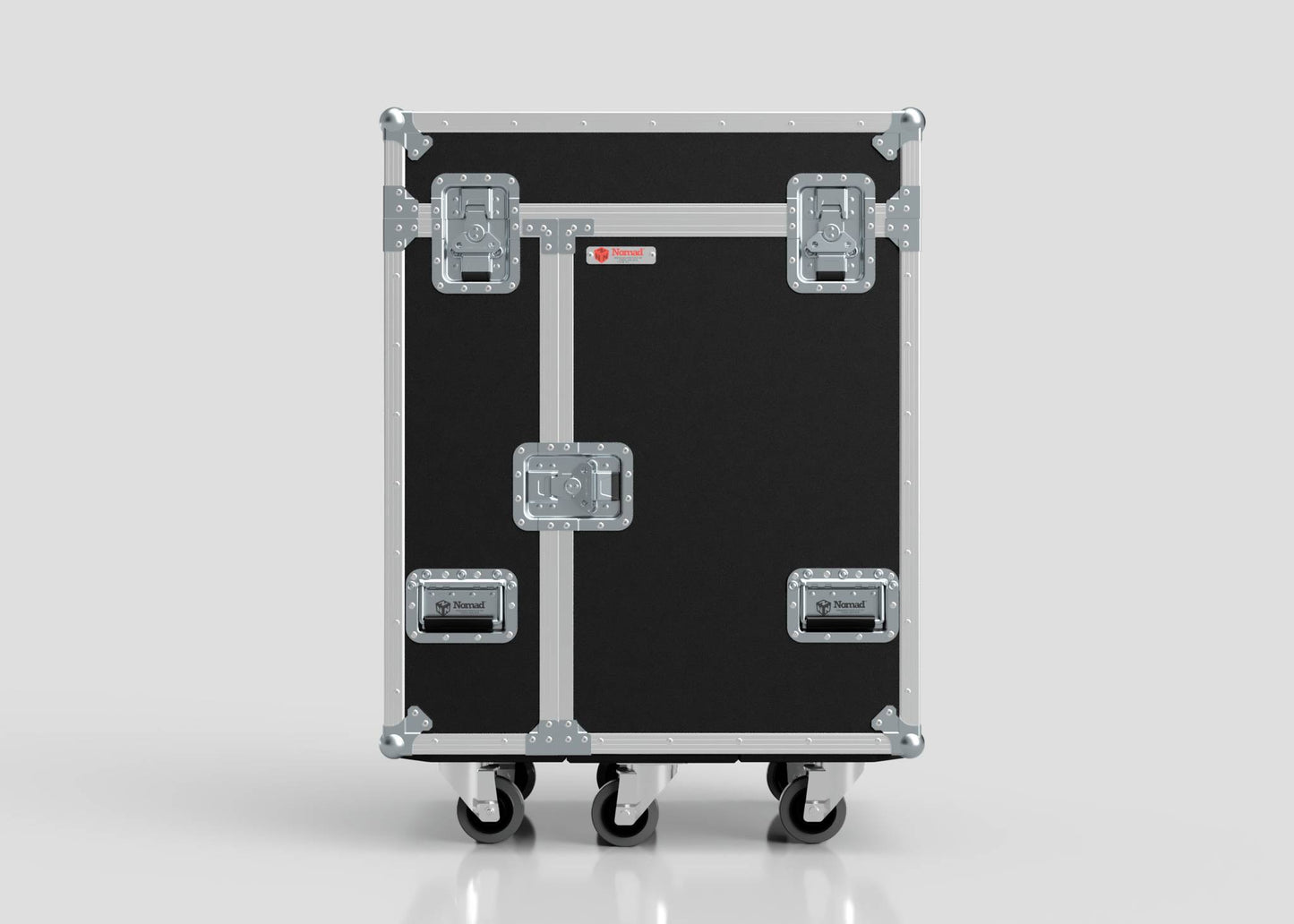 The Backline Workbox Case With 4 Drawers Plus 2U Rack Drawer, in black and silver with metal reinforcements and latches, stands on four caster wheels and measures 800 x 600 x 1090 mm against a light background.