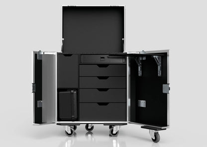 The Backline Workbox Case With 5 Drawers Plus 2U Rack Drawer is a large wheeled storage case with an open lid, doors, five central drawers, side compartments, and external dimensions of 800 x 600 x 1090 mm.