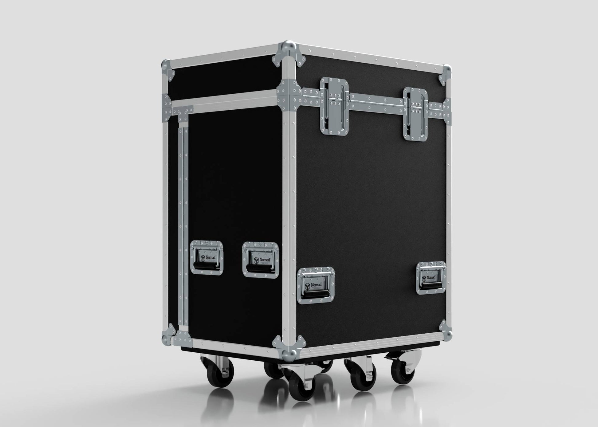 The Backline Workbox Case with 5 drawers plus 2U rack drawer is a large black road case with metal edges and latches, mounted on four swivel casters, measuring 800 x 600 x 1090 mm on a plain gray background.