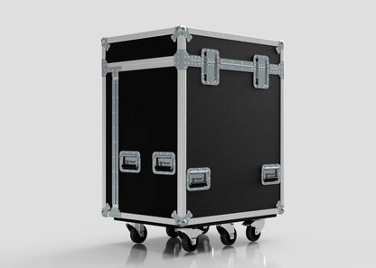The Backline Workbox Case with 5 drawers plus 2U rack drawer is a large black road case with metal edges and latches, mounted on four swivel casters, measuring 800 x 600 x 1090 mm on a plain gray background.