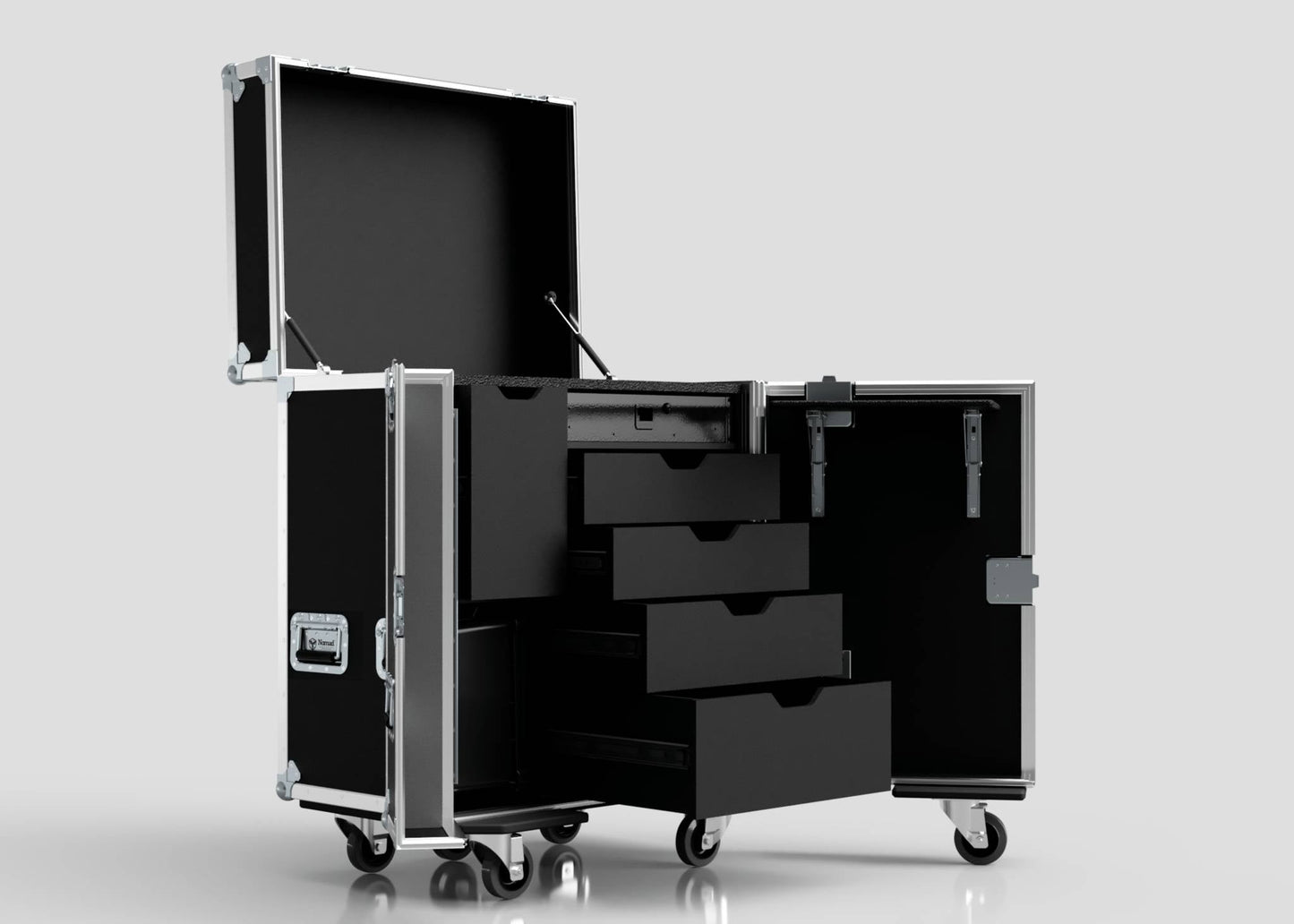 A black Backline Workbox Case with 5 drawers plus a 2U rack drawer, featuring four open drawers and an open top compartment. Shown against a plain light background. External dimensions: 800 x 600 x 1090 mm.