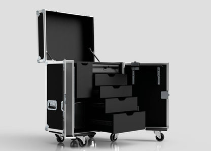 A black Backline Workbox Case with 5 drawers plus a 2U rack drawer, featuring four open drawers and an open top compartment. Shown against a plain light background. External dimensions: 800 x 600 x 1090 mm.