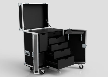 The Backline Workbox Case With 5 Drawers Plus 2U Rack Drawer is a black, wheeled equipment case with metal edges and multiple compartments, measuring 800 x 600 x 1090 mm, shown open against a plain background.