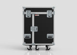 The Backline Workbox Case with 5 drawers plus a 2U rack drawer features a black and silver design, measures 800 x 600 x 1090 mm, has four metal latches, reinforced corners, and caster wheels, shown against a plain light background.