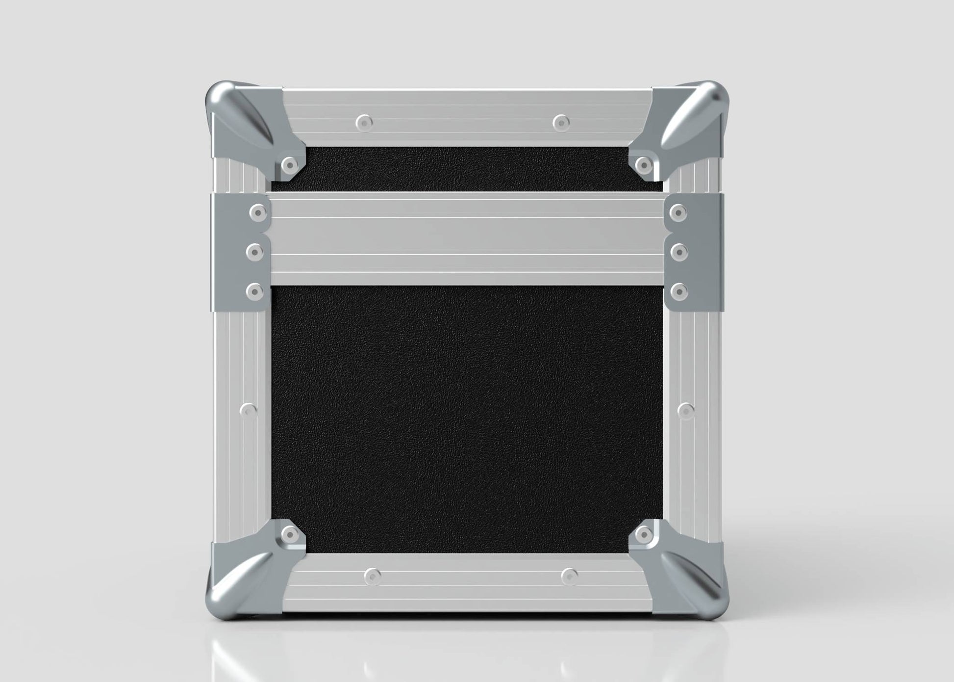 A Camera Lens Case in square black and silver metal with reinforced corners, shown closed and upright against a plain light background.