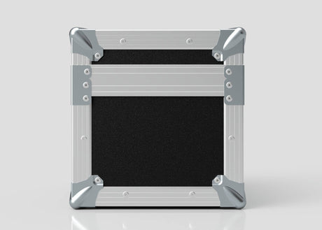 A Camera Lens Case in square black and silver metal with reinforced corners, shown closed and upright against a plain light background.