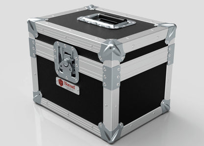 A black and silver Camera Lens Case with metal reinforcements, a top handle, front latch, and a Nomad label on the side.