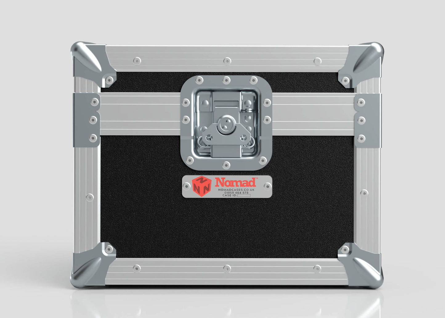 Black and silver Camera Lens Case with reinforced metal corners, a central latch, and a red Nomad label on the front.