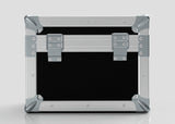 A black and silver metal Camera Lens Case with reinforced corners and two front latches, placed on a plain light background.