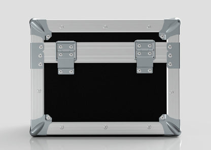 A black and silver metal Camera Lens Case with reinforced corners and two front latches, placed on a plain light background.