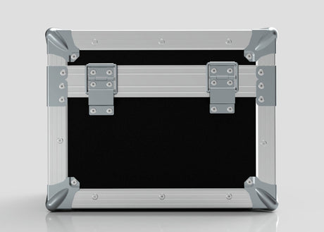 A black and silver metal Camera Lens Case with reinforced corners and two front latches, placed on a plain light background.