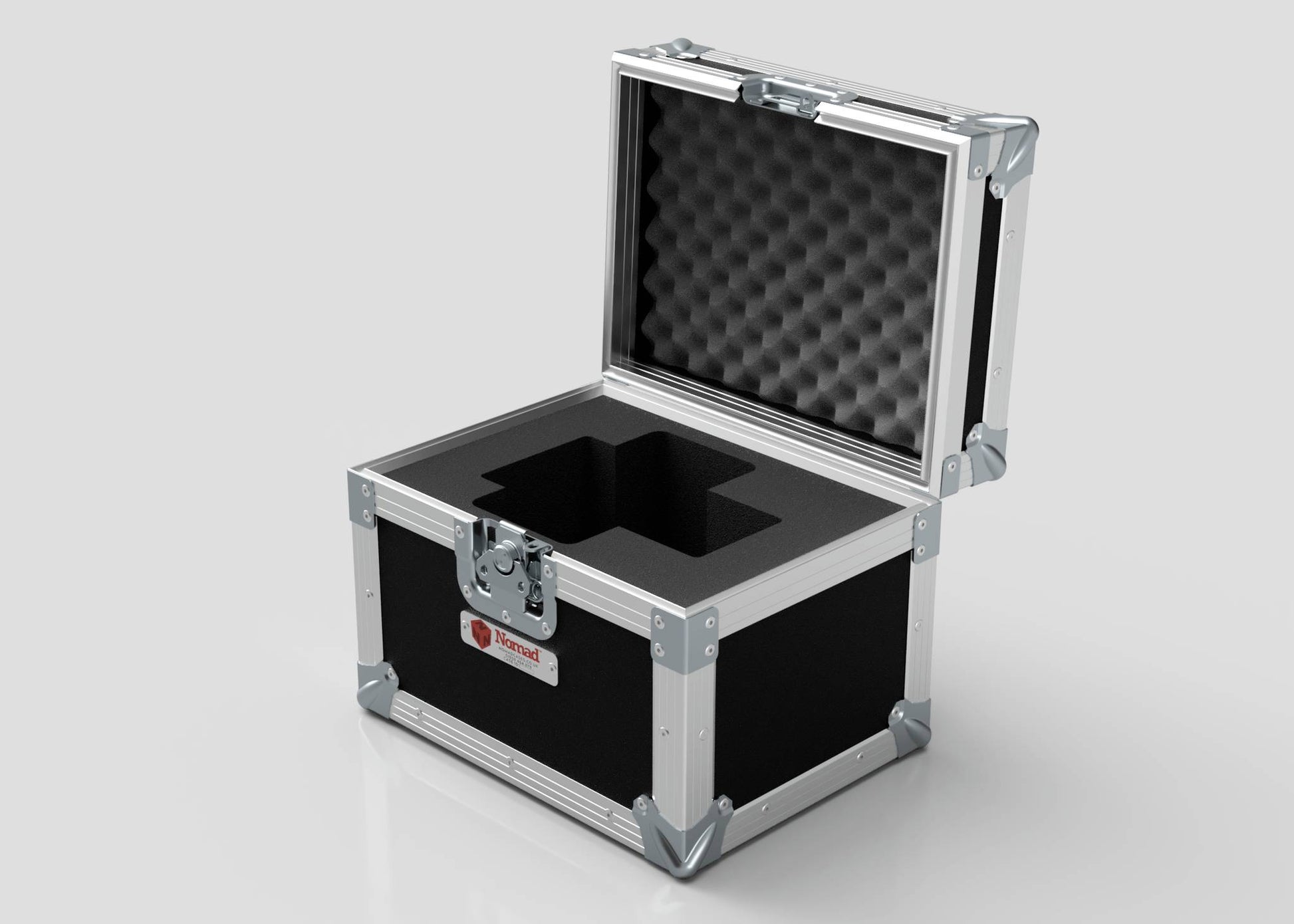 A black and silver Camera Lens Case with foam padding and an open lid, designed for securely storing equipment or instruments; perfect for those needing protective storage.