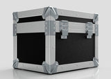 A sturdy black Camera Lens Case with reinforced metal corners, edges, and metal hinges and latches is shown against a plain light background.