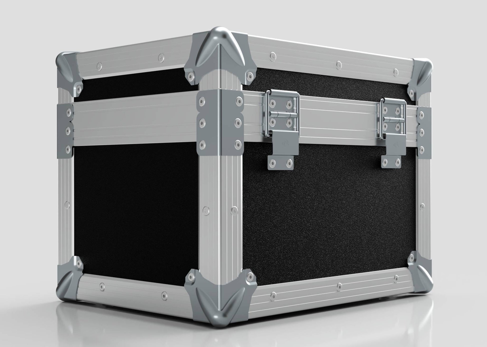 A sturdy black Camera Lens Case with reinforced metal corners, edges, and metal hinges and latches is shown against a plain light background.