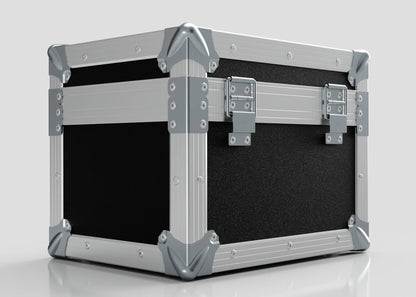 A sturdy black Camera Lens Case with reinforced metal corners, edges, and metal hinges and latches is shown against a plain light background.