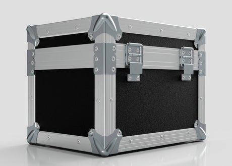 A sturdy black Camera Lens Case with reinforced metal corners, edges, and metal hinges and latches is shown against a plain light background.