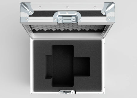 The Camera Lens Case is an open silver external storage box with foam padding and custom-shaped cutouts, designed to securely hold camera lenses and provide precise, organized protection.