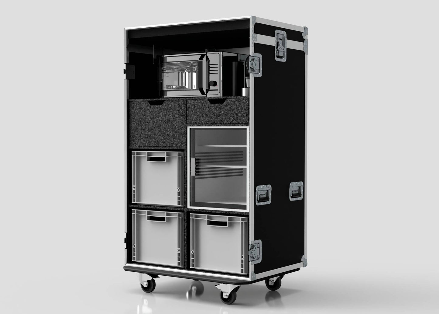 The Catering Case is a black wheeled equipment case with an open front, showing storage drawers, clear bins, compartments, and a small appliance on the upper shelf. External dimensions: 911 x 735 x 1567 mm.