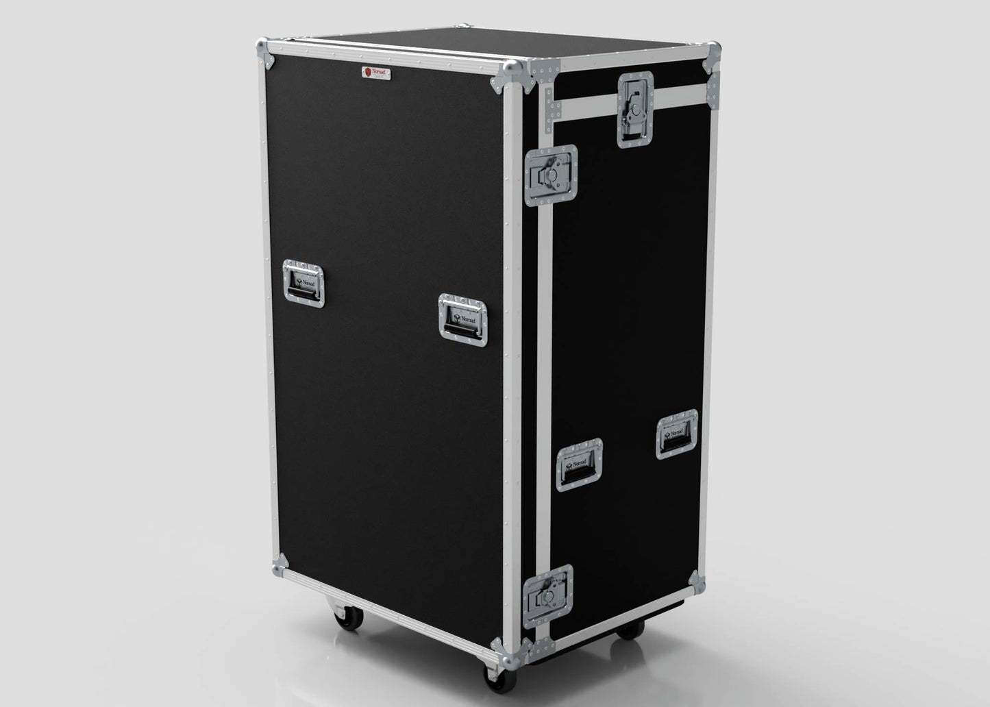 A large black Catering Case with metal edges, handles, and latches stands on wheels on a plain light gray surface. Its external dimensions are 911 x 735 x 1567 mm, making it ideal for secure transport.