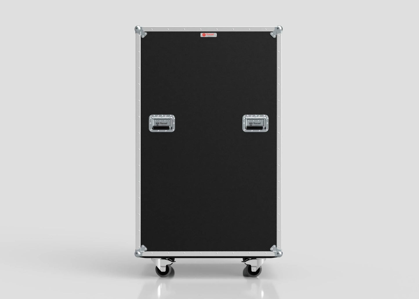 The Catering Case is a large black rectangular equipment case with two handles, metal edges, and four caster wheels on a plain light background; external dimensions are 911 x 735 x 1567 mm.