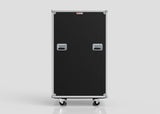 The Catering Case is a large black rectangular equipment case with two handles, metal edges, and four caster wheels on a plain light background; external dimensions are 911 x 735 x 1567 mm.