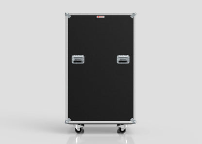 The Catering Case is a large black rectangular equipment case with two handles, metal edges, and four caster wheels on a plain light background; external dimensions are 911 x 735 x 1567 mm.