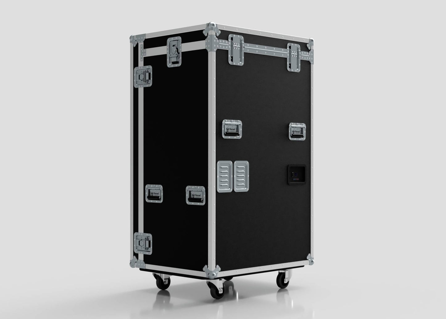 The Catering Case is a black rolling flight case with metal reinforcements, handles, and latches, shown on a plain light background. Its external dimensions are 911 x 735 x 1567 mm.