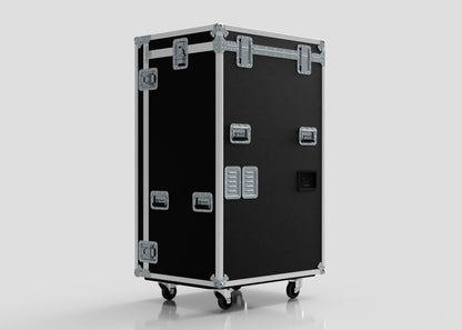 The Catering Case is a black rolling flight case with metal reinforcements, handles, and latches, shown on a plain light background. Its external dimensions are 911 x 735 x 1567 mm.